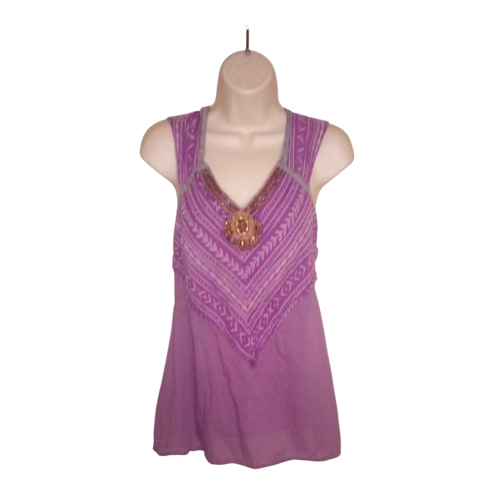 Free People Purple Striped Beaded Lace-Up Tank Top Size Small